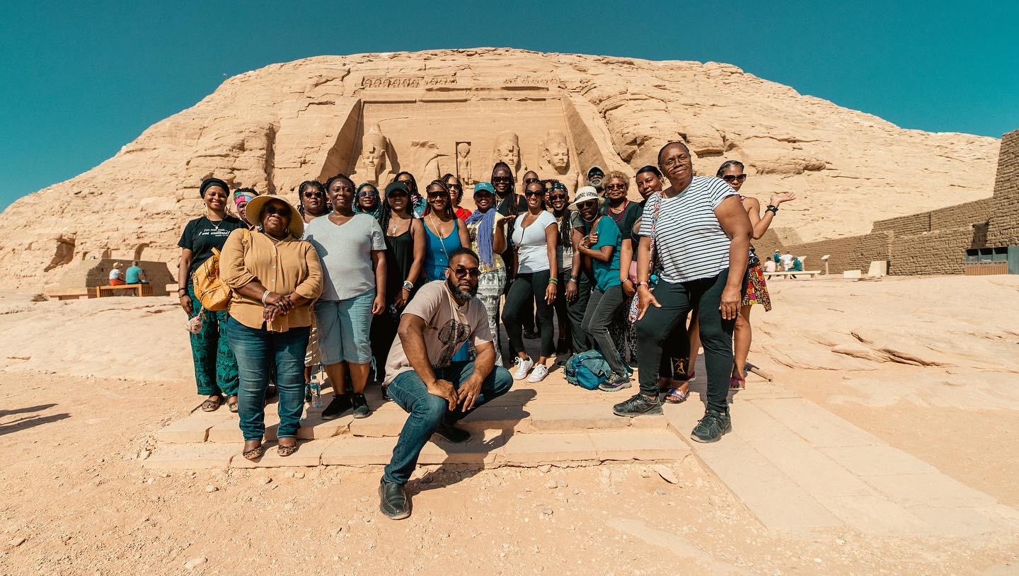 Jay Cameron with a travel group in front of the temple at Abu Simbel in Egypt