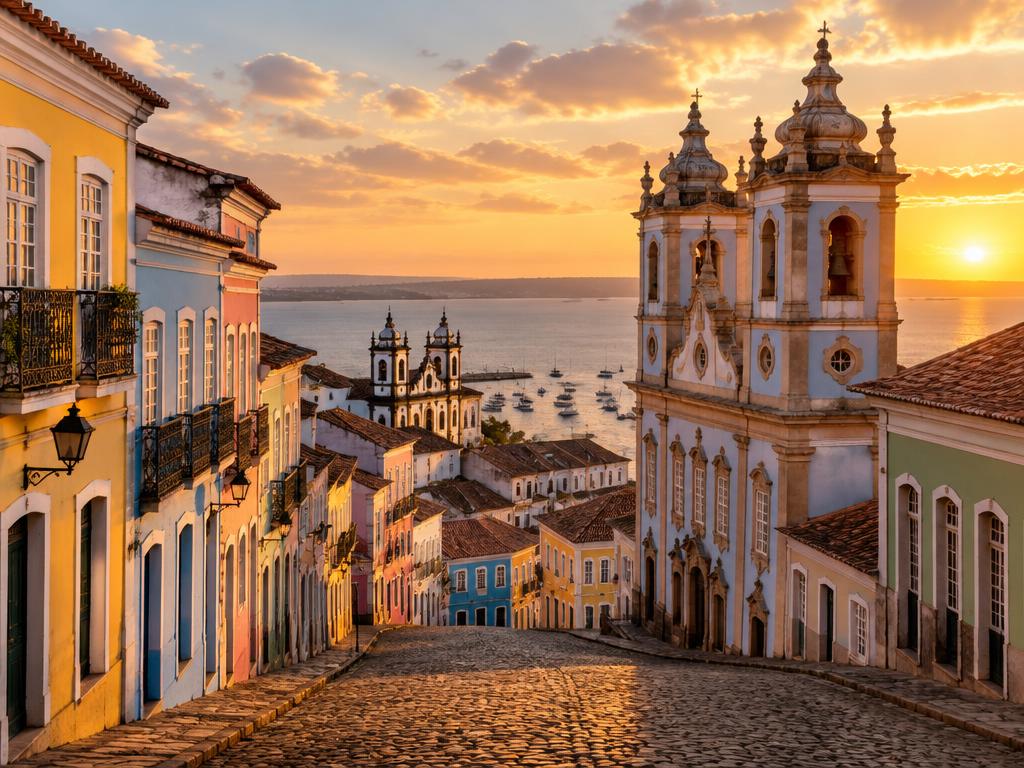 Pastel colonial streets of Salvador, Brazil at sunset