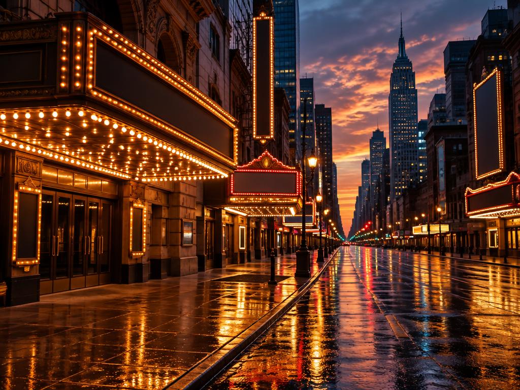 Theatre marquees glowing on Broadway at dusk