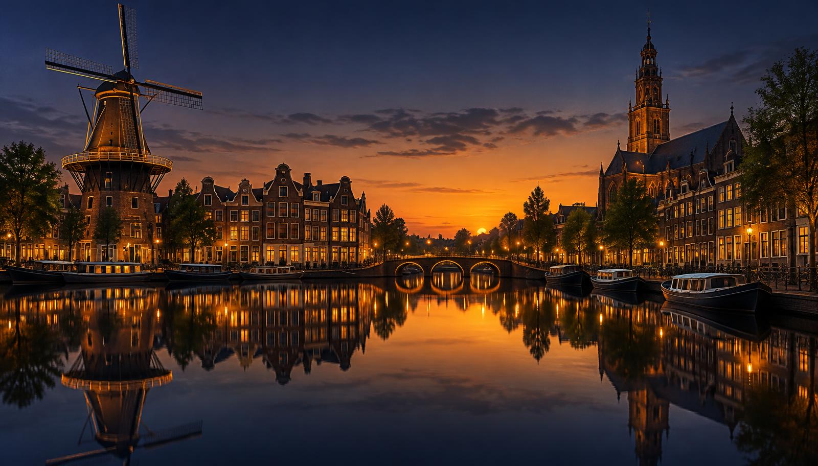 Leiden in the western Netherlands at dusk, its canal, windmill, and church tower