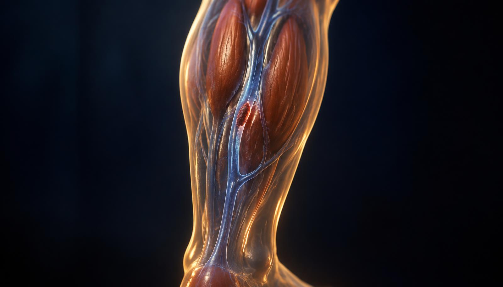A lower leg shown in see-through view, with a small clot in the deep calf vein