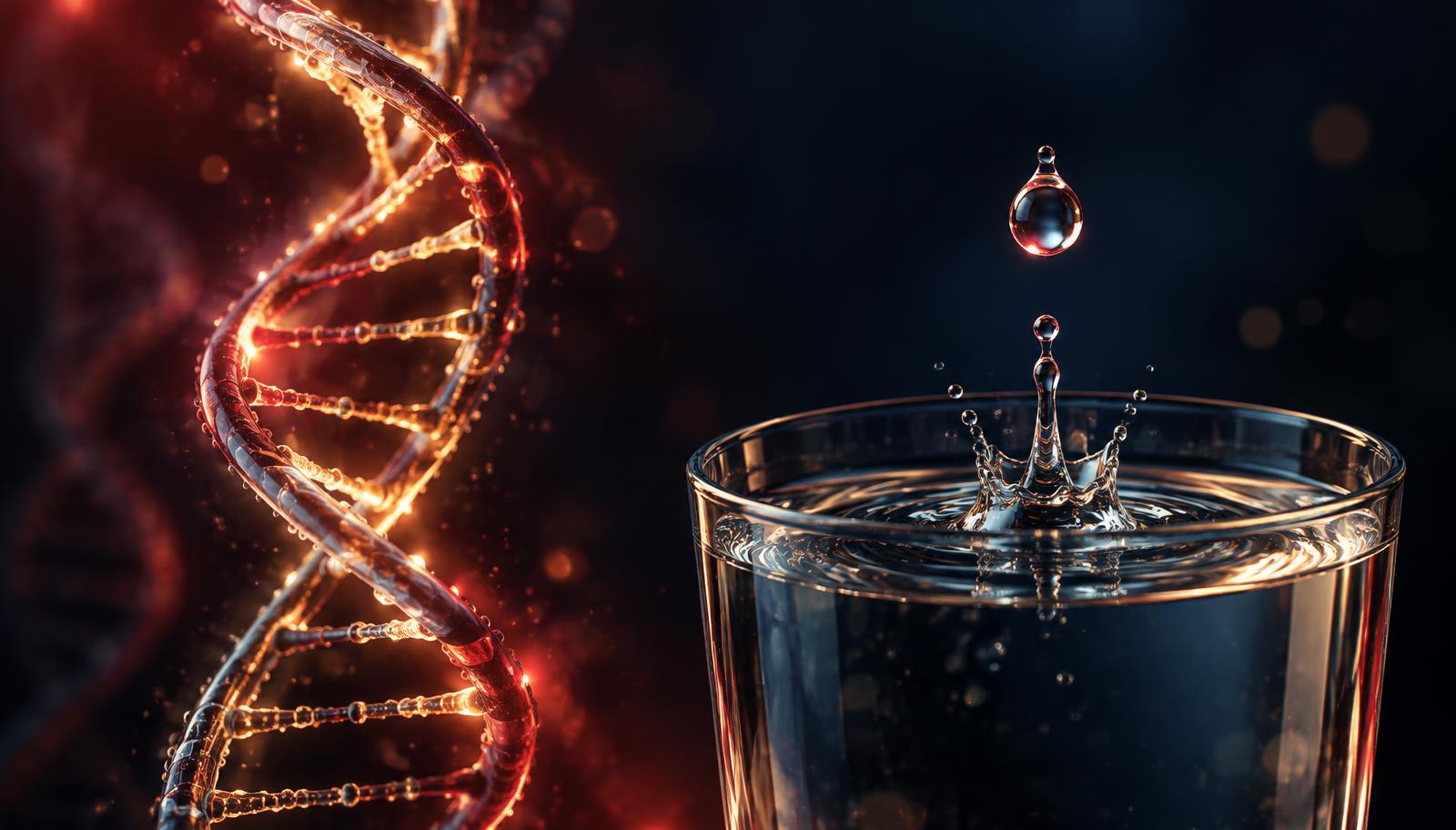 A DNA strand beside a water droplet falling into a glass: the gene loads the risk, something else pulls the trigger