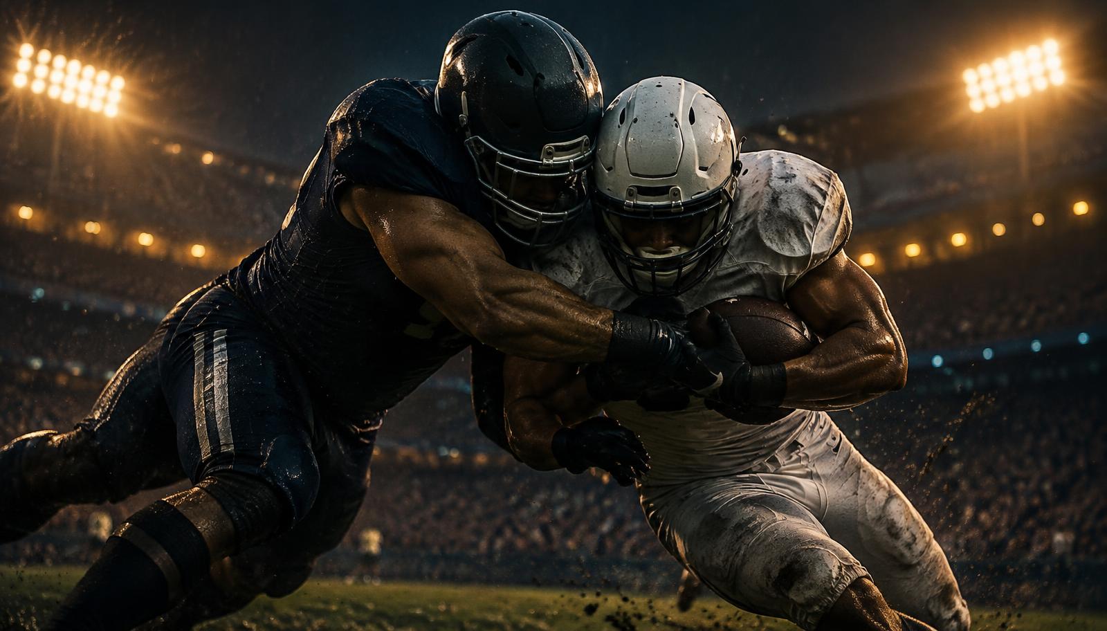 Two football players colliding in a hard tackle under stadium lights