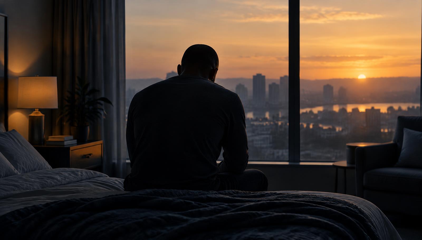 A man sitting alone on the edge of a bed at dawn, quietly carrying a hard diagnosis
