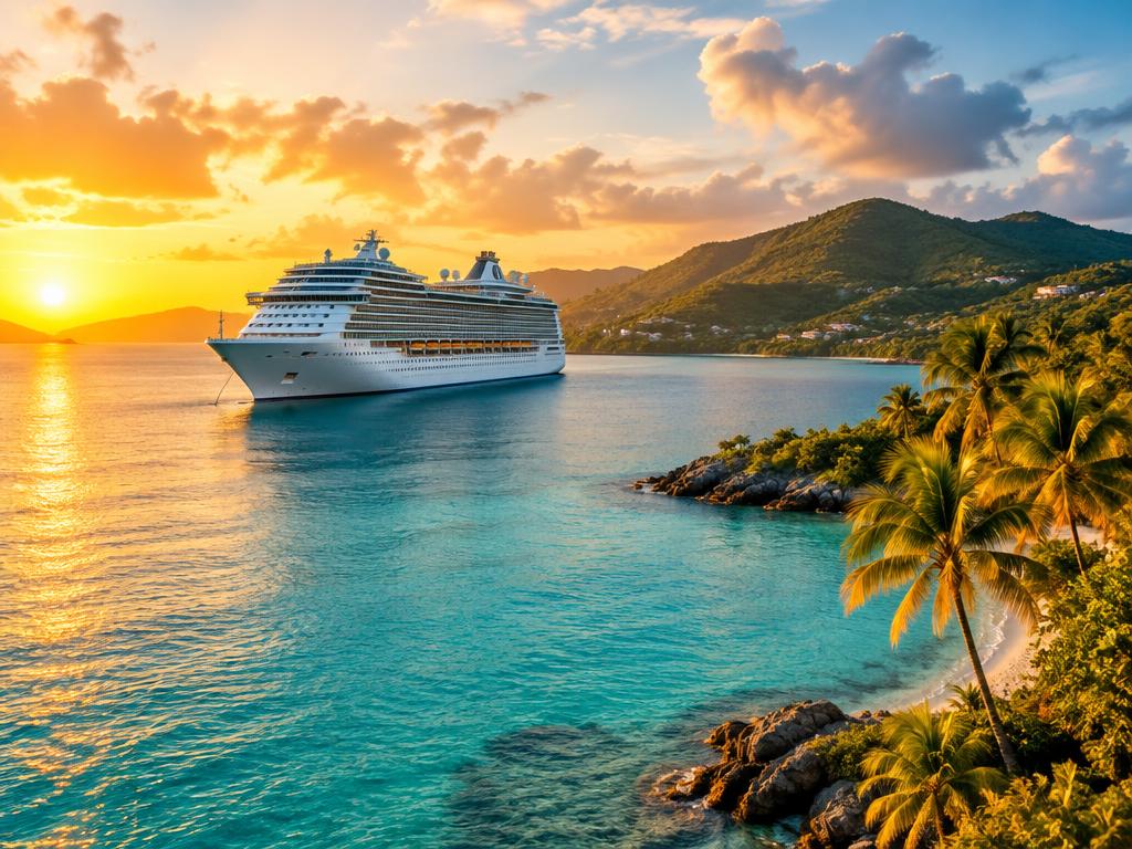 A cruise ship off a green Caribbean island at sunset