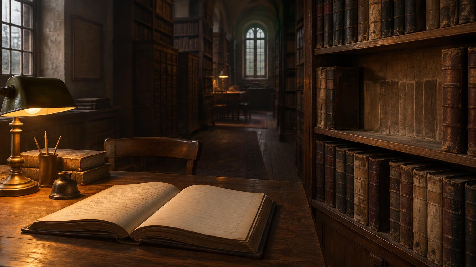 An archive reading room with gaps among its shelves of historical records