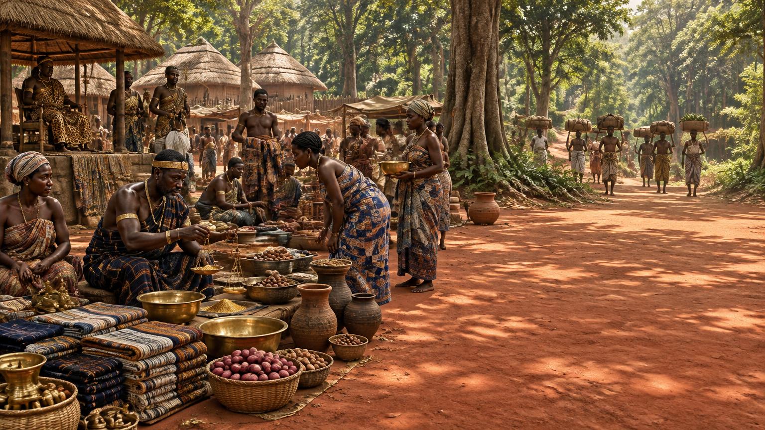 A busy inland Akan market town in the forest country around 1600