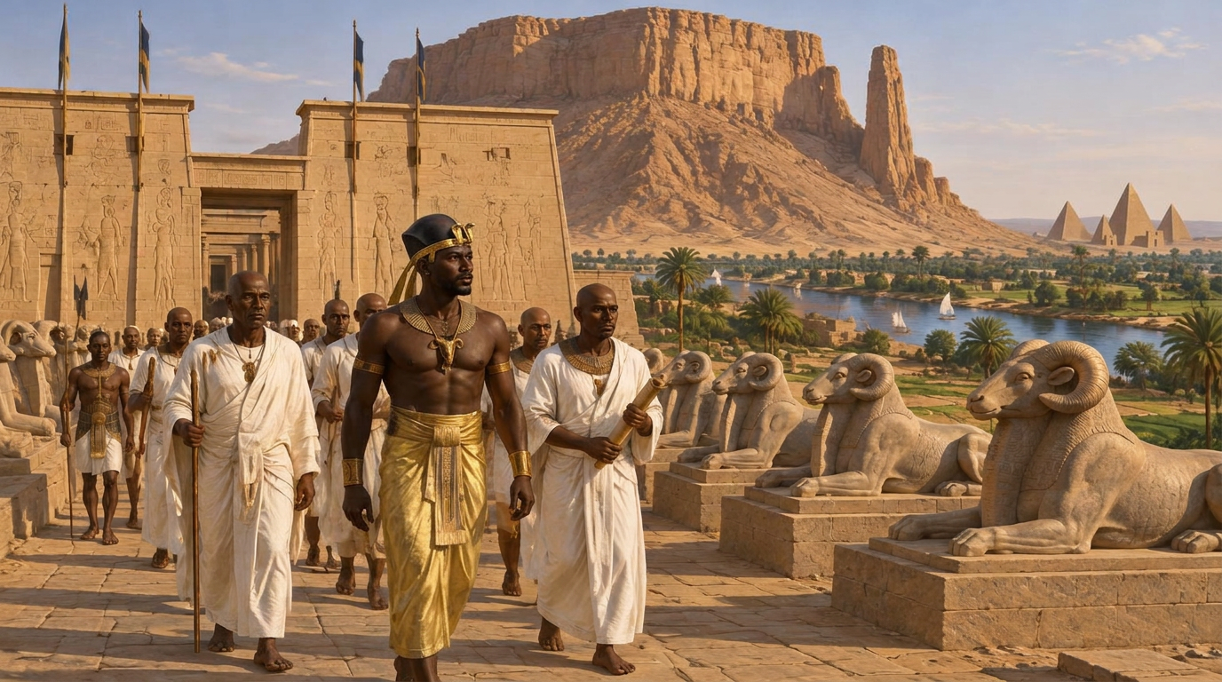 Kushite figures approaching the royal pyramids of Nuri in ancient Sudan