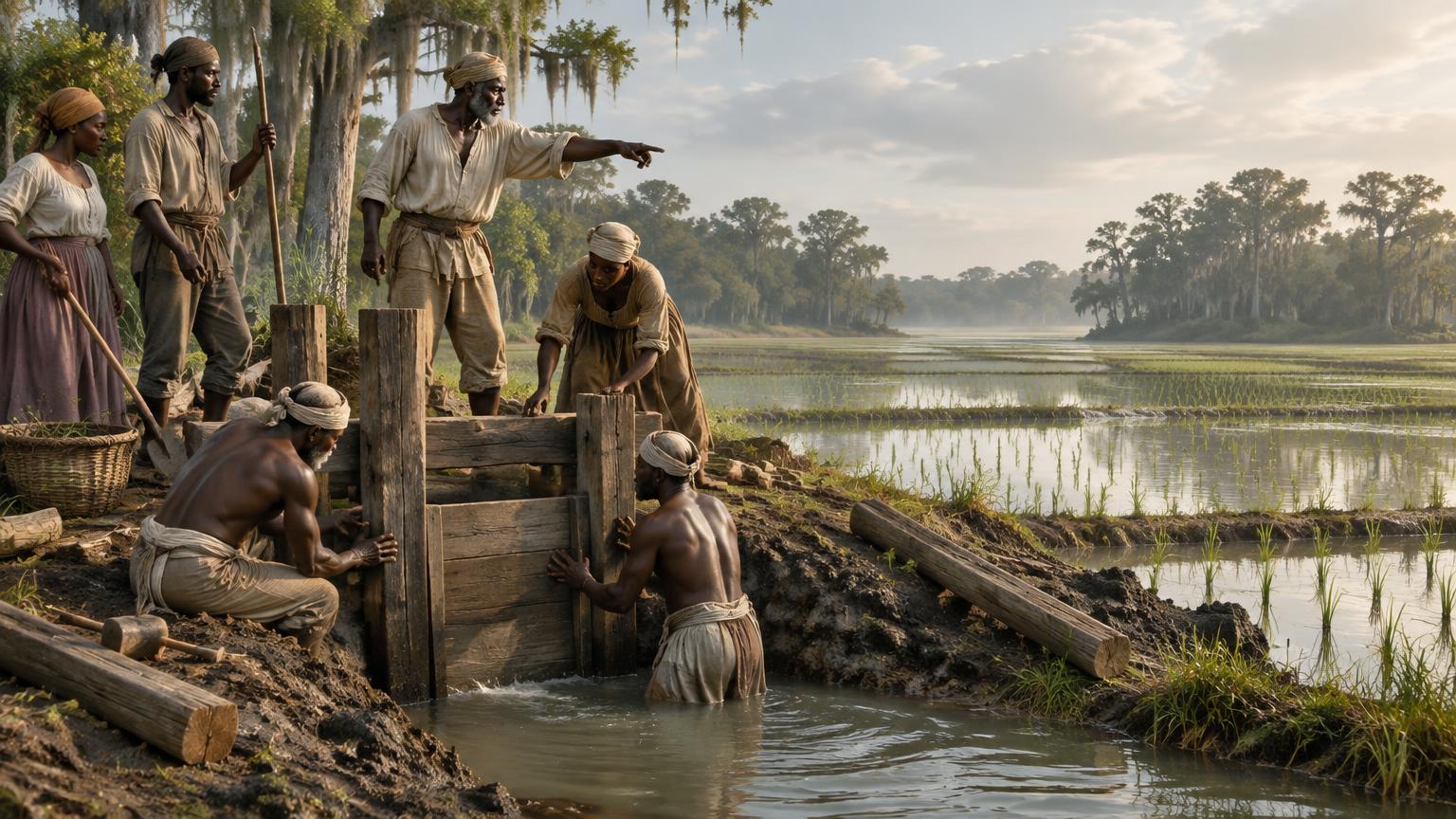 West African engineers constructing a tidal gate in a Carolina rice field