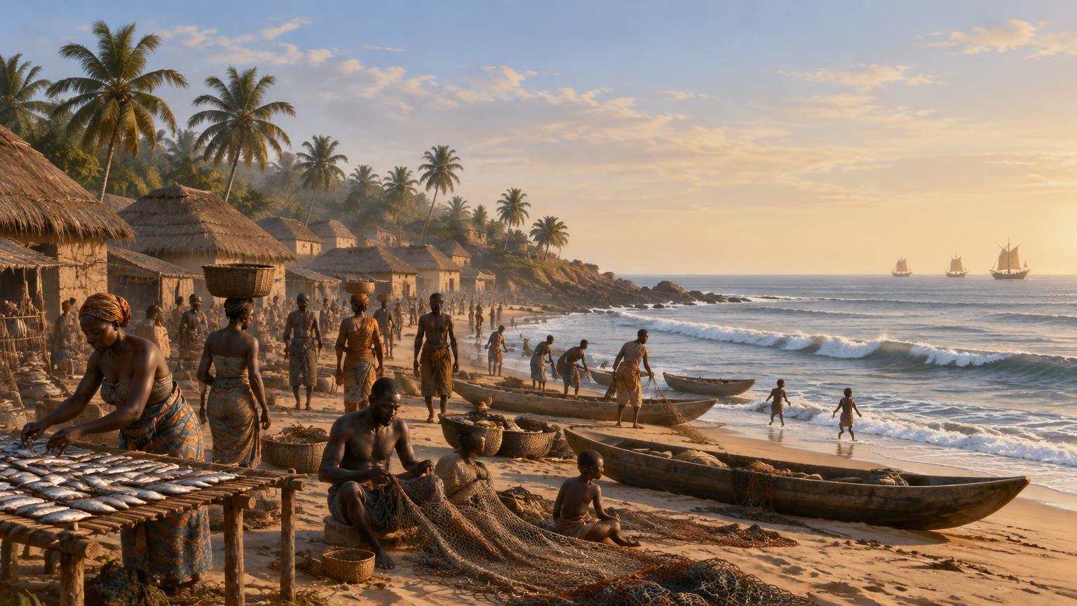 An established Fante coastal town at Elmina in 1482 with distant ships offshore