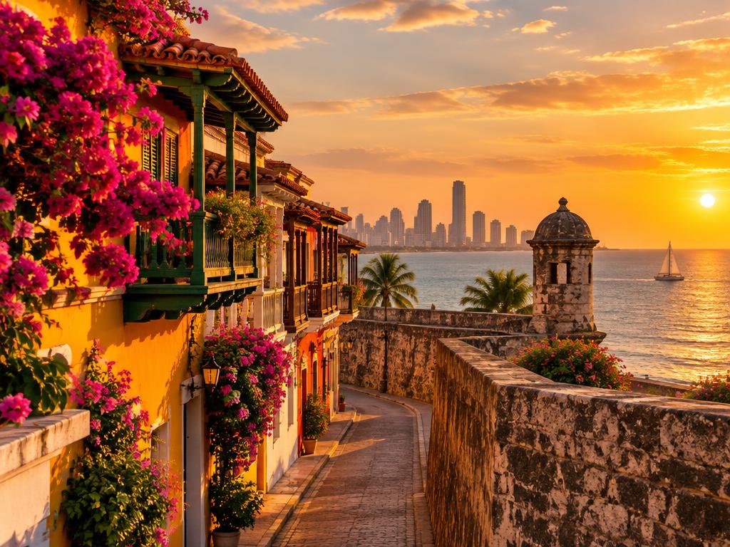 Colorful colonial balconies and the Caribbean coast in Cartagena
