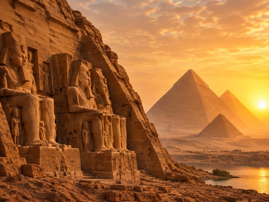 Ancient Egyptian temple carvings and pyramids at sunrise