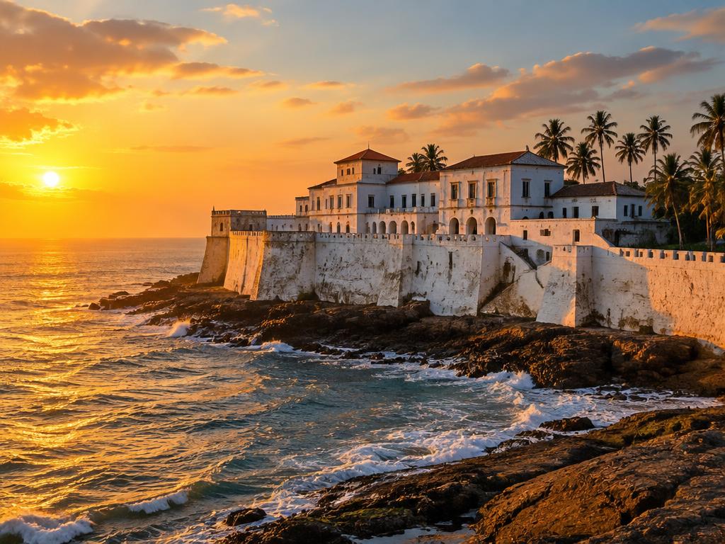 A coastal castle in Ghana at sunset