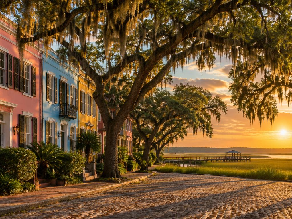 Lowcountry street with pastel houses, live oaks and marsh