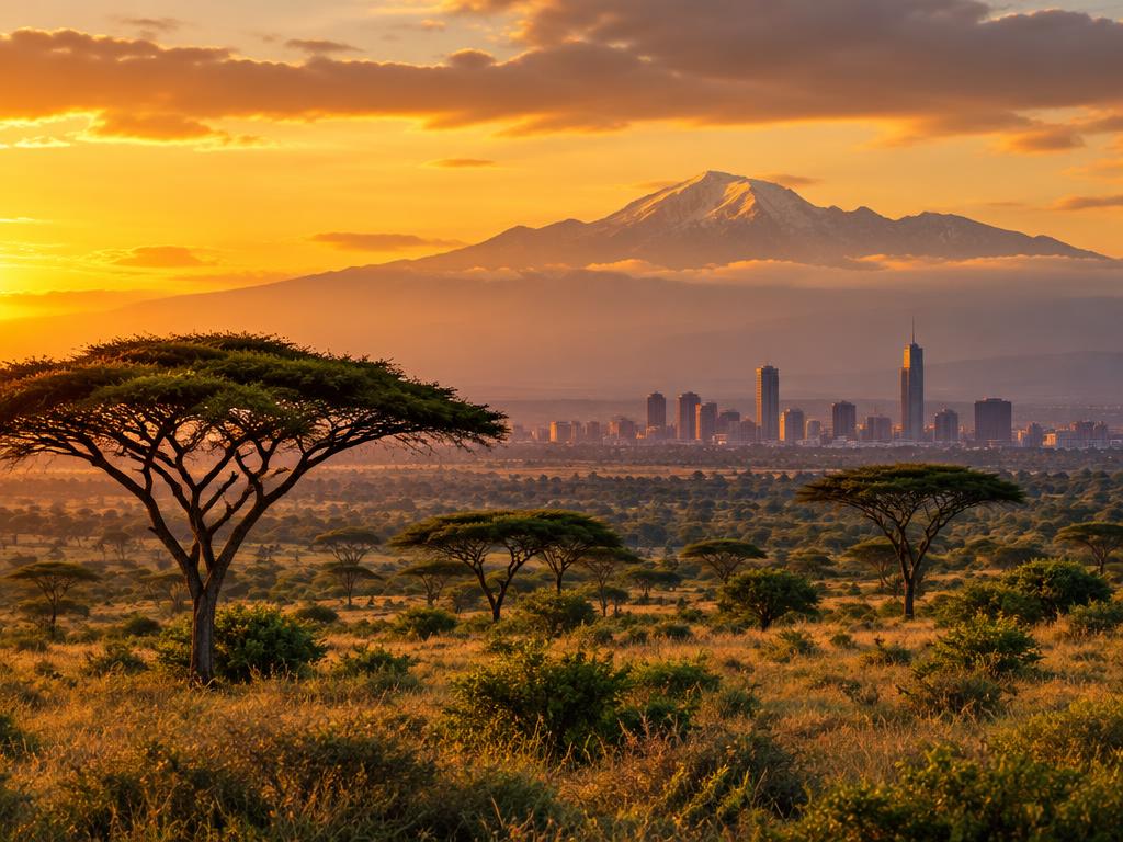 Kenyan savanna at sunrise with the Nairobi skyline beyond