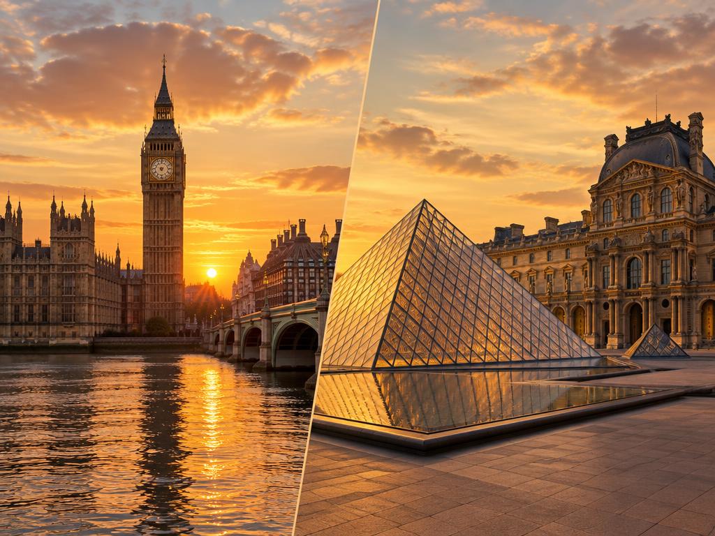 London and Paris skylines side by side at golden hour