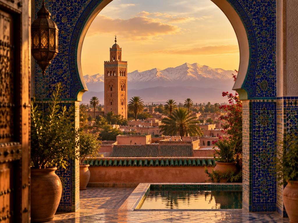 A tiled Moroccan archway looking out over Marrakech