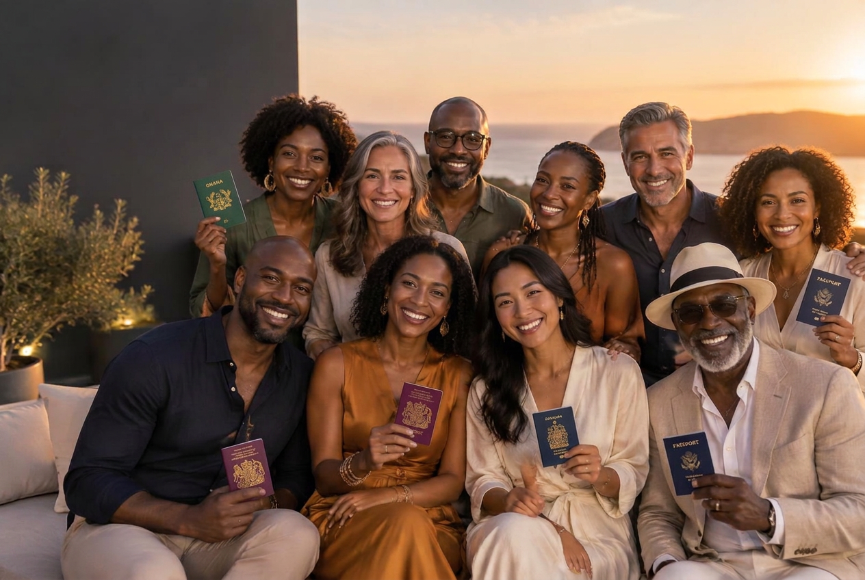 A multicultural group of adults smiling together and holding passports