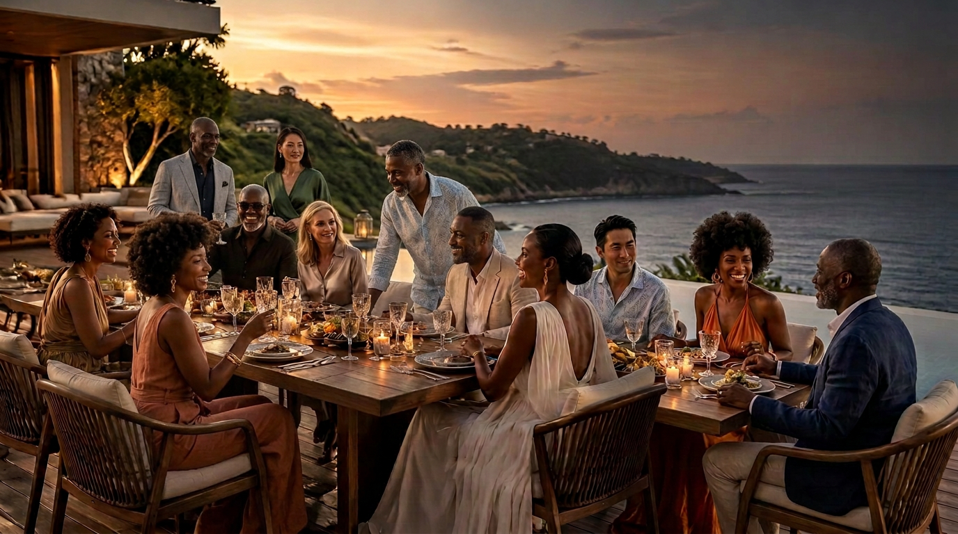 A group sharing an elegant private dinner at an oceanfront villa