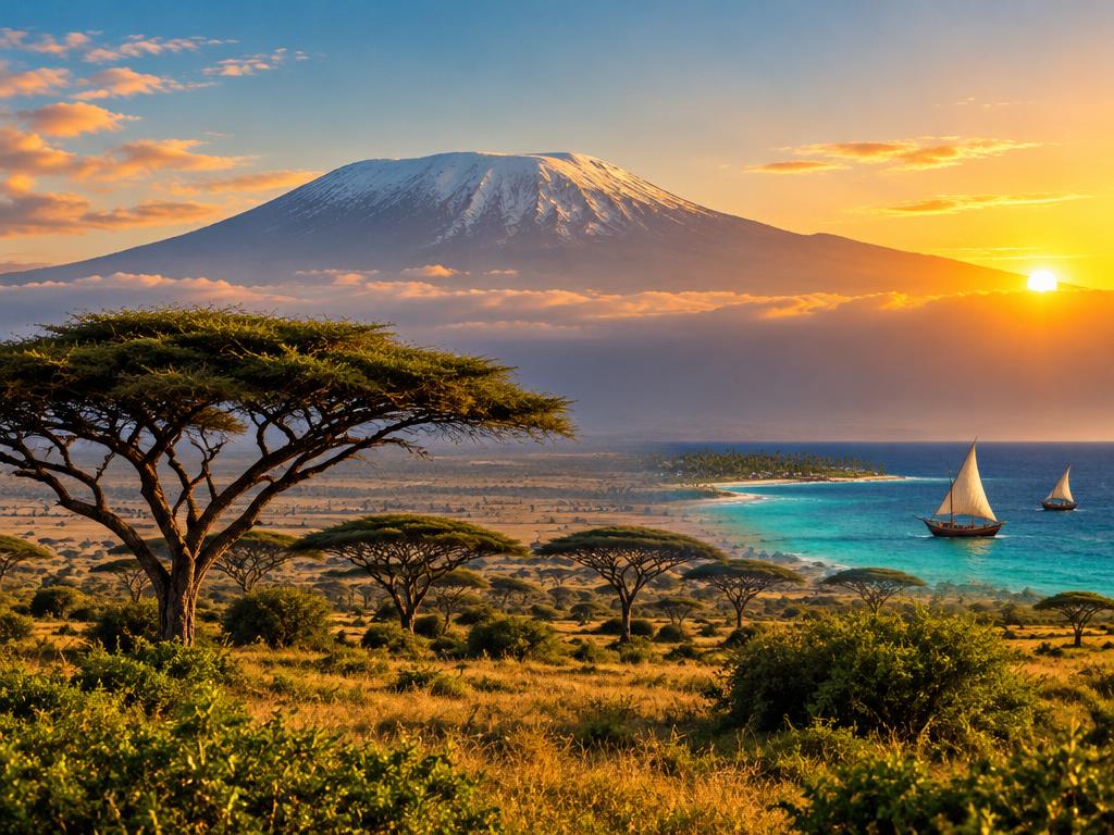 Kilimanjaro above the plain with dhow sailboats on the coast