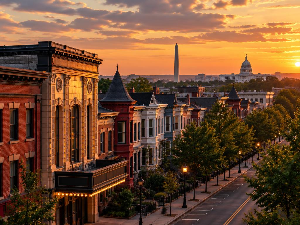 Washington DC rowhouses with the monument and Capitol beyond